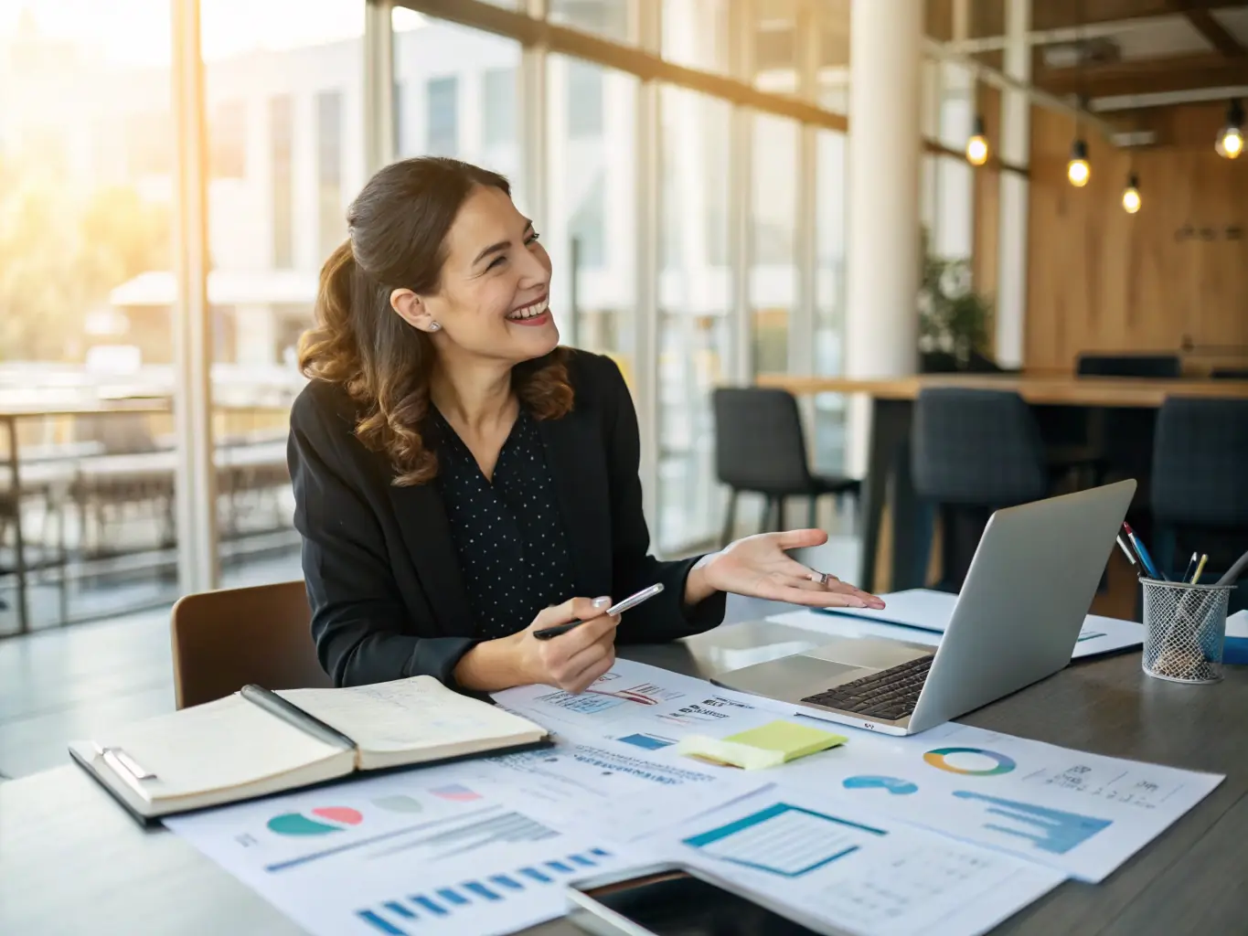 A professional woman confidently presenting a business strategy on a whiteboard to her team in a modern office environment.