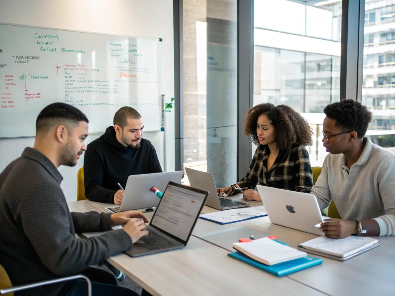 A diverse group of startup employees collaborating around a table, brainstorming ideas and working on laptops in a vibrant co-working space.