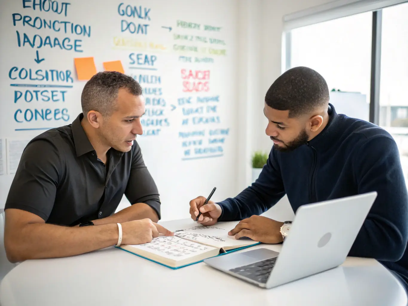 An image of a coach and client engaged in a one-on-one coaching session in a modern office setting, symbolizing personalized business coaching.