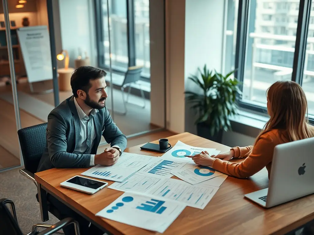 A professional business coach in a modern office setting, reviewing financial documents with a client, both smiling and engaged in a positive discussion about business strategy and growth.